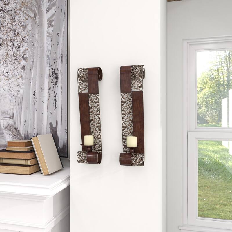 Brown Metal Cutout Leaf Wall Sconce with Scrolled Edges (Set of 2) - S/2 21"H, 4"W