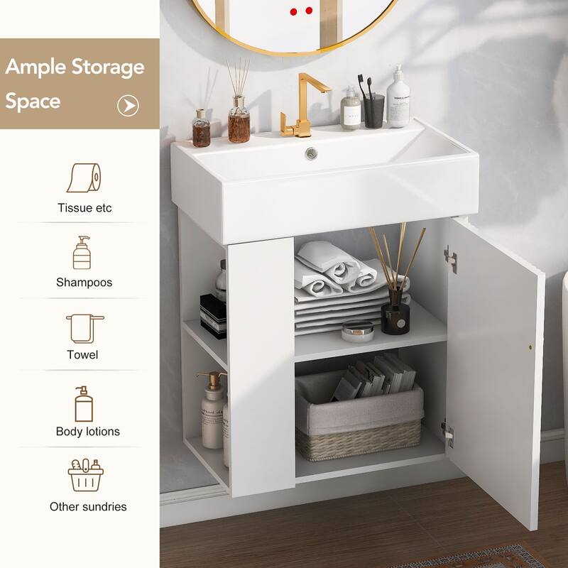 21.6 inch MDF Wall-Mounted Bathroom Vanity Set with Integrated Ceramic Sink with Open shelf and oft-Close
