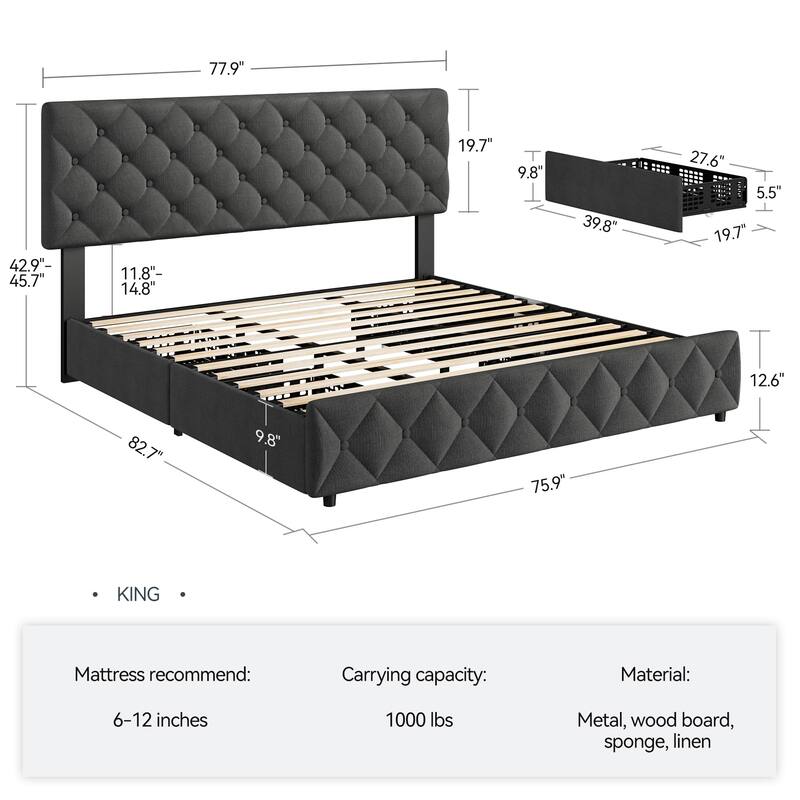 Linen Upholstered Platform Bed Frame Diamond Stitched Button Tufted