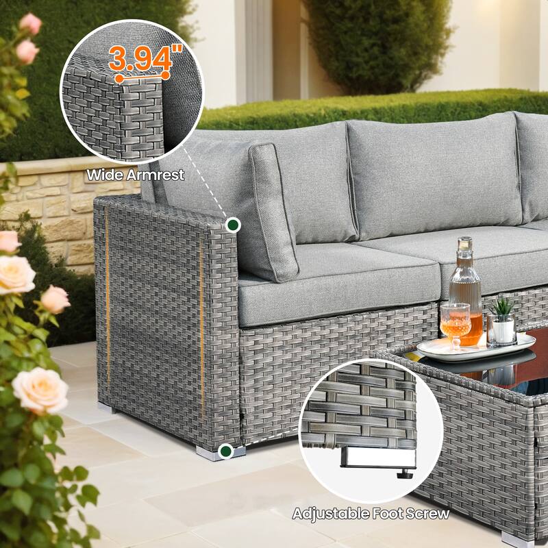 HOOOWOOO 8-piece Grey Wicker Patio Furniture Set Sectional Sofa with Fire Pit Table