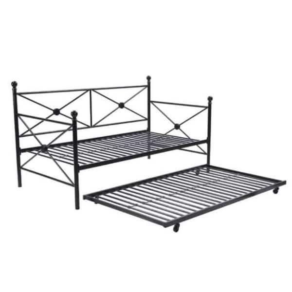 slide 2 of 4, Full size Black Metal Daybed Frame with Twin Roll-out Trundle Black