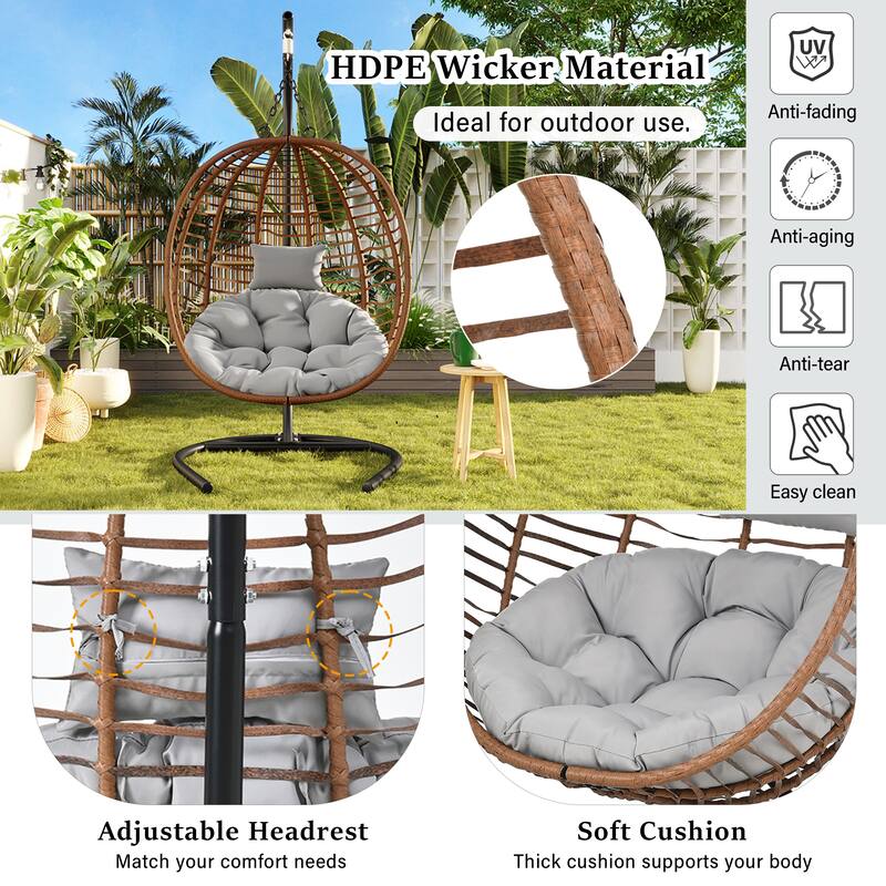 Single Person Folding Wicker Hammock Swing Chair with Adjustable Anti-Slip Feet