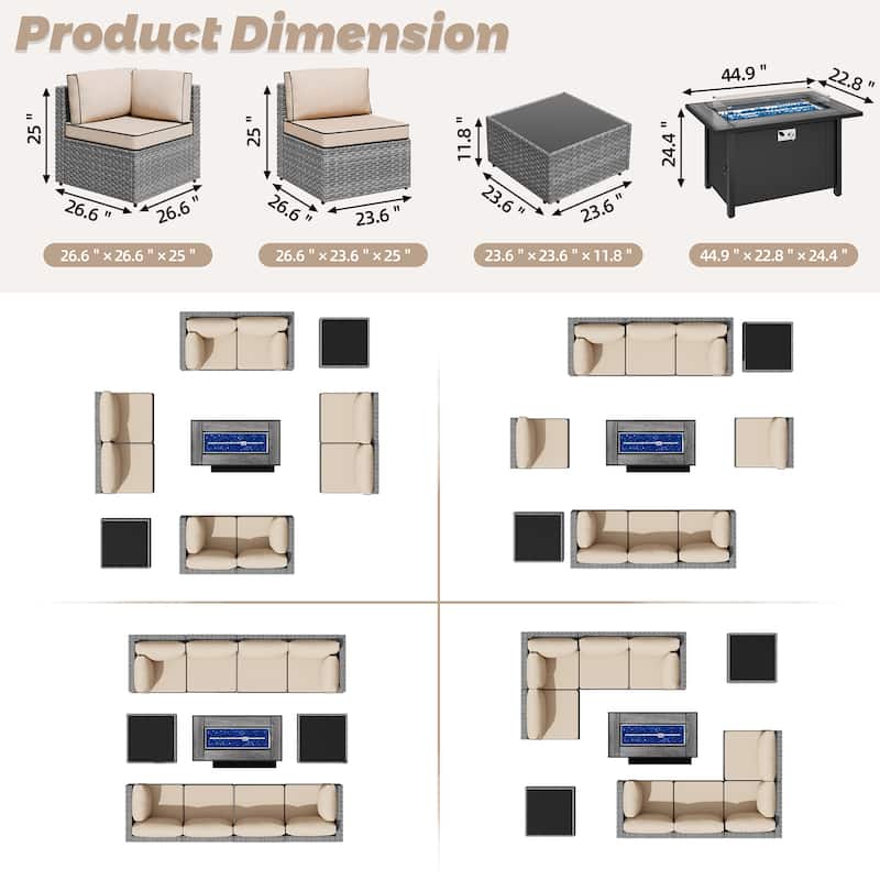 11 Piece Sectional Seating Group with Fire Pit and Cushion