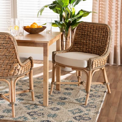 Kyle Bohemian Natural Brown Woven Rattan Dining Chair With Cushion