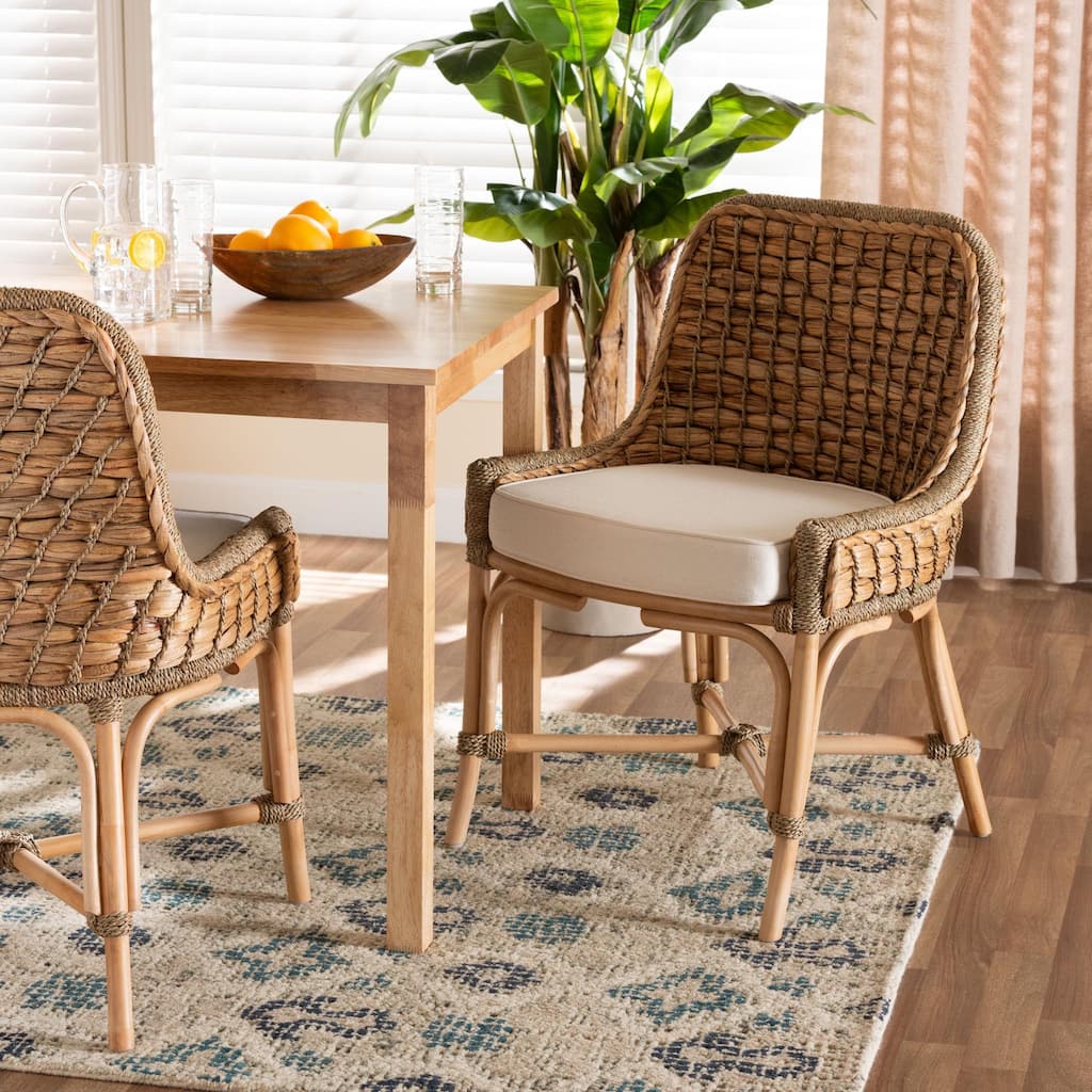 Kyle Bohemian Natural Brown Woven Rattan Dining Chair With Cushion