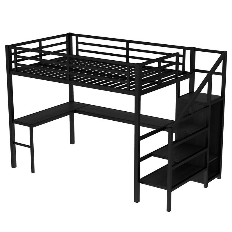 Full Size Metal Loft Bed with L-Shaped Desk, Built-In Wardrobe, USB Charging Port, Adjustable Shelf and LED Lighting