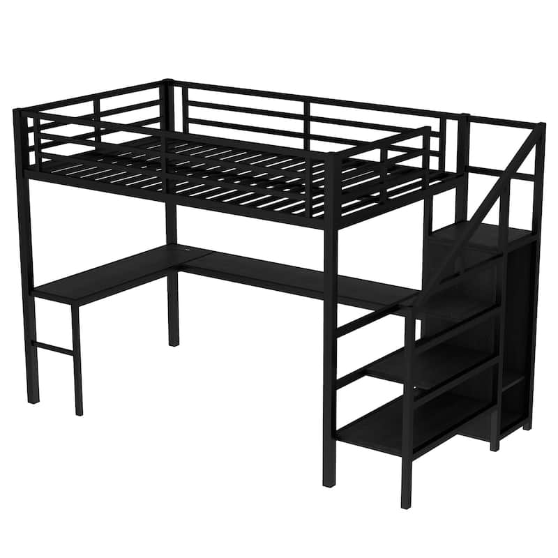 GDFStudio - Weston Loft Bed with L-shaped Desk and USB, Metal Loft Bed with smart necessaries for Kids Teens Adults