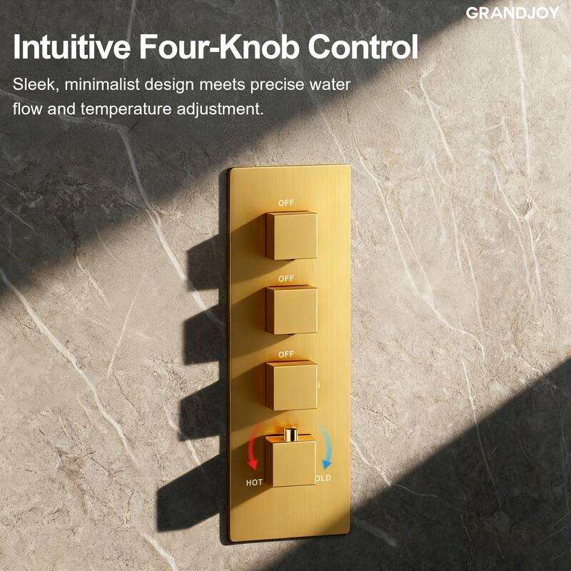 GRANDJOY Thermostatic LED Rain and Waterfall Shower System with Handheld, Built-In Music Function