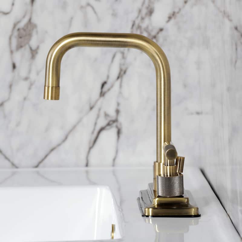 Kingston Brass Convergent Two-Handle 3-Hole Deck Mount 4" Centerset Bathroom Faucet with Knurled Handle and Brass Pop-Up Drain