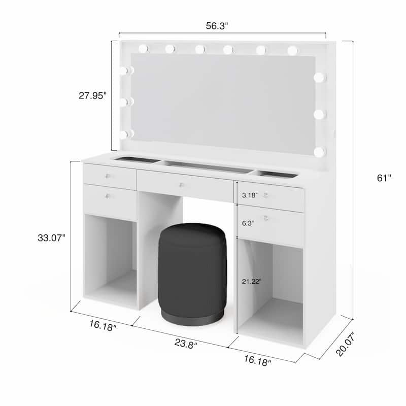 Makeup Vanity Desk w/ Free Black Storage Stool, LED Mirror, 5 Drawers, extra Storage, USB, Power Outlet