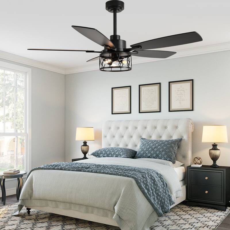 Cusp Barn 52 Inch Industrial Caged Ceiling Fan with Light and Remote, Farmhouse Quiet DC Motor Reversible Chandelier Ceiling Fan