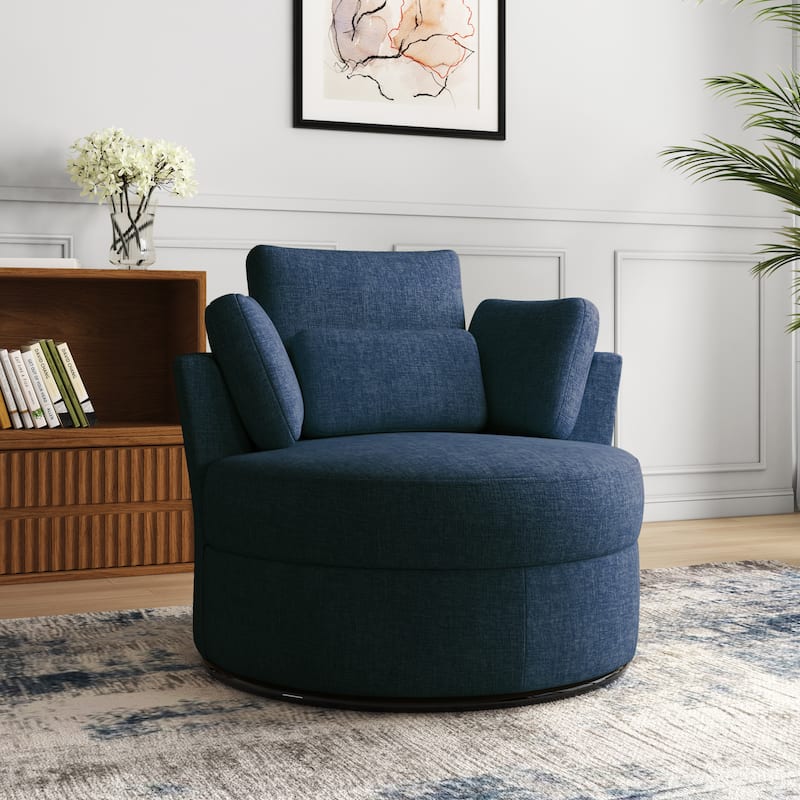 Upholstered Barrel Swivel Accent Chairs - 1-Piece - Navy Chenille