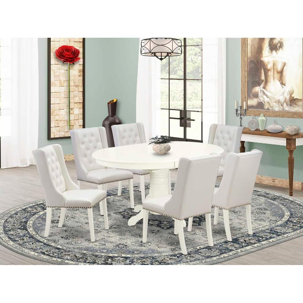 HomeStock 7-Piece Linen White Finish Solid Wood Top Dining Table with 6 Parson Chairs
