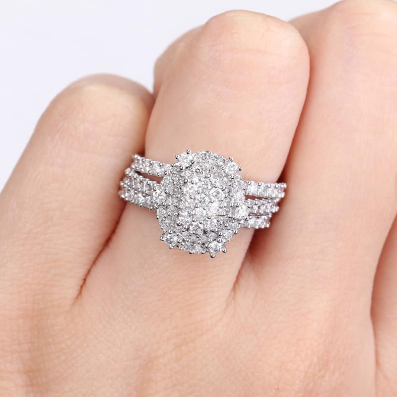 Miadora 1 1/2ct TW Diamond Double Halo Oval Shaped Cluster Bridal Set 10k White Gold