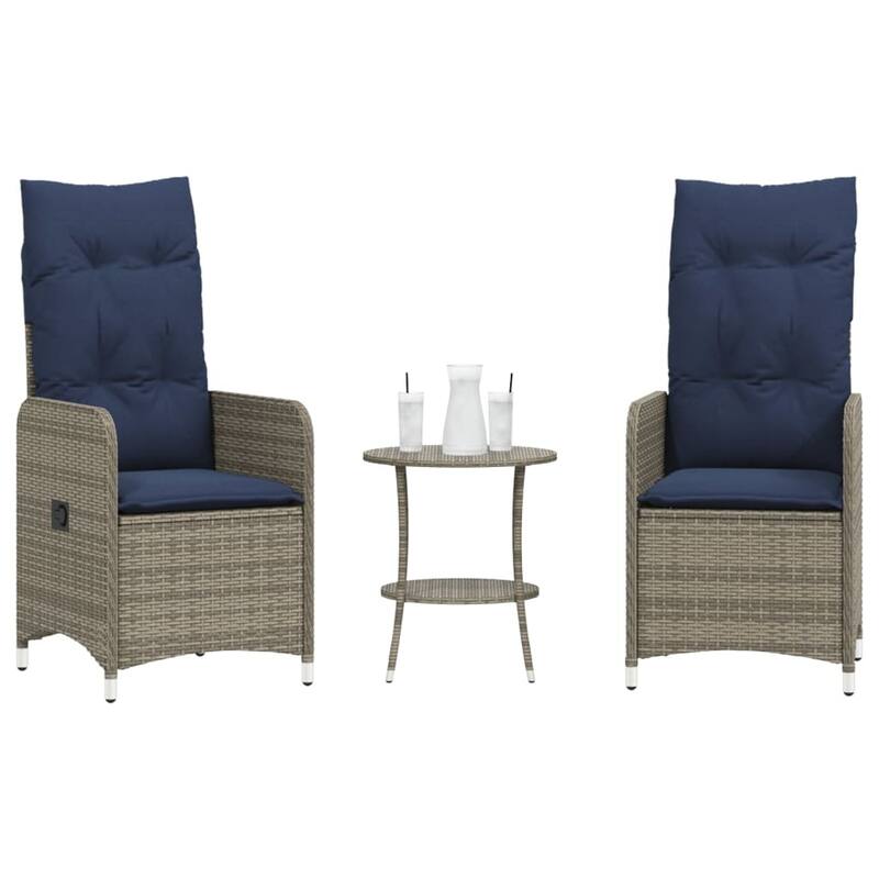 vidaXL Reclining Patio Chairs 2 pcs with Table Gray Poly Rattan - 21.5" x 23" x 36.2"