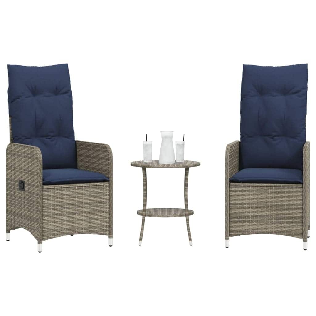 vidaXL Reclining Patio Chairs 2 pcs with Table Gray Poly Rattan - 21.5" x 23" x 36.2"