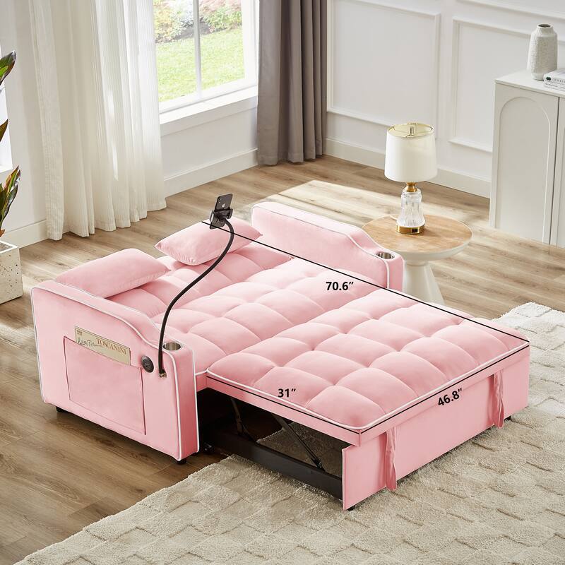 Convertible Sofa Bed with Adjustable Back, USB Charger, and Pillows for Living Room or Office