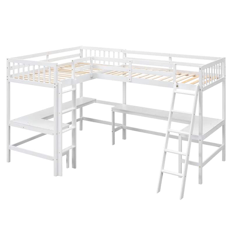 Roomfitters L-Shaped Twin Loft Bed with Ladder Access and Two Built-in Study Desks