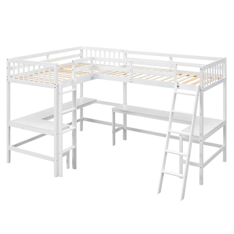Twin L-Shaped Loft Bed with 2 Built-in Desks and Ladder, Space-Saving Wood Frame