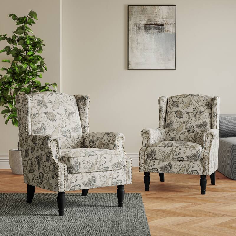 Set of 2 Patterned Upholstered Accent Chair for Living Room - Plants Beige