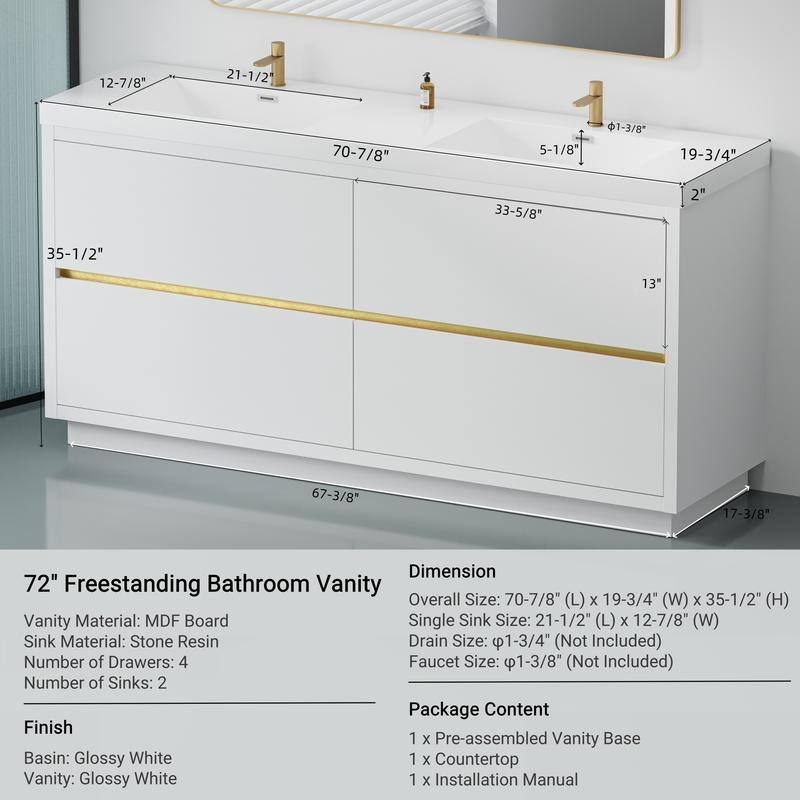 Abruzzo 72" Freestanding Vanity with Solid Surface Countertop & Dual Sinks 4 Soft-Close Drawers