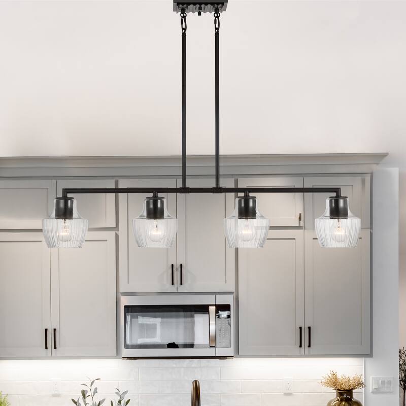 Destin 4 Light Island Pendant Medium Base 60 Watt Black And Silver Accent Finish Clear Ribbed Glass
