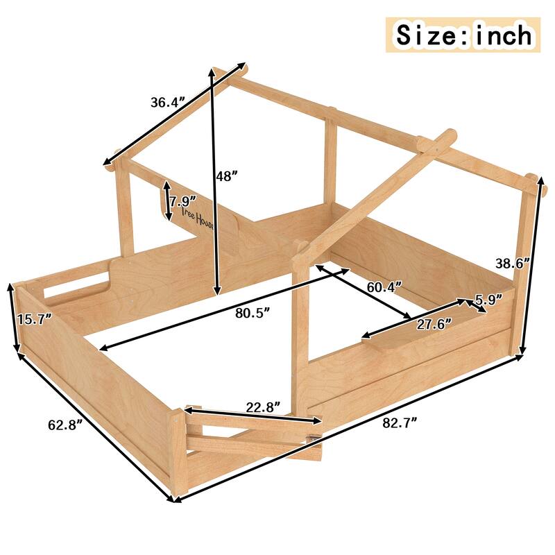 Kids House Floor Bed with Guardrails and Roof, Built-in Tray and Signboard, Montessori Floor Bed for Toddlers