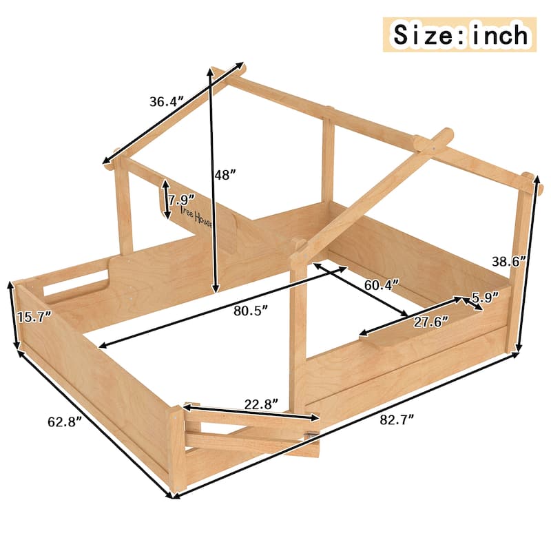 Montessori Floor Bed of 3 Kinds Size, House-shaped Platform Bed with Small Built-in Tray, Signboard and No Slats Design