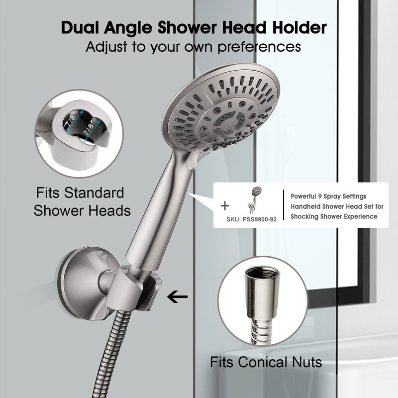 Bright Showers Handheld Shower Head Holder with Dual Angle Positions, Wall Suction Bracket Includes Adhesive 3M Disc, No Tools Required and Easy