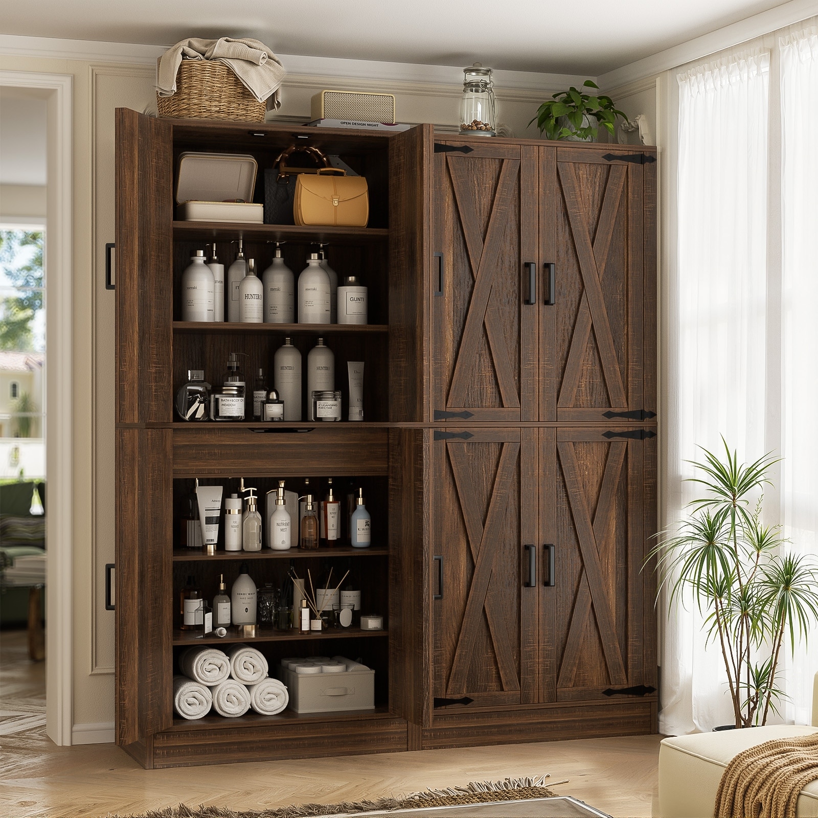 71" Tall Farmhouse Storage Cabinet, Kitchen Food Pantry with 6 Shelves ＆ Large Drawer, Versatile for Kitchen, Entryway, Bathroom