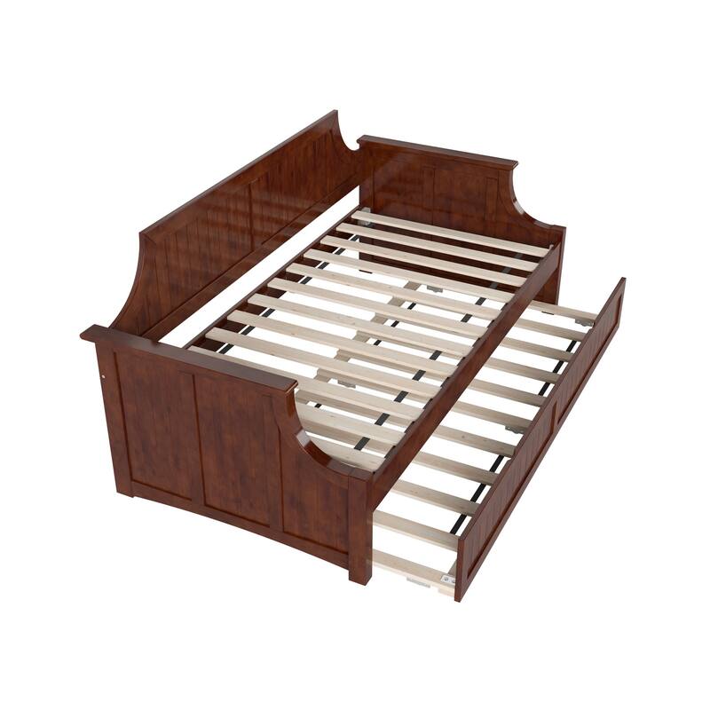 Twin Daybed with Trundle - Wood Frame Daybed for Living Room, Bedroom, Guest Room - Walnut Finish