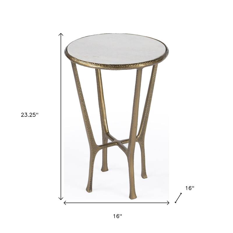 HomeRoots 23" White and Gold Distressed Marble and Aluminum Round End Table - 16.00 in. x 23.25 in. x 16.00 in.