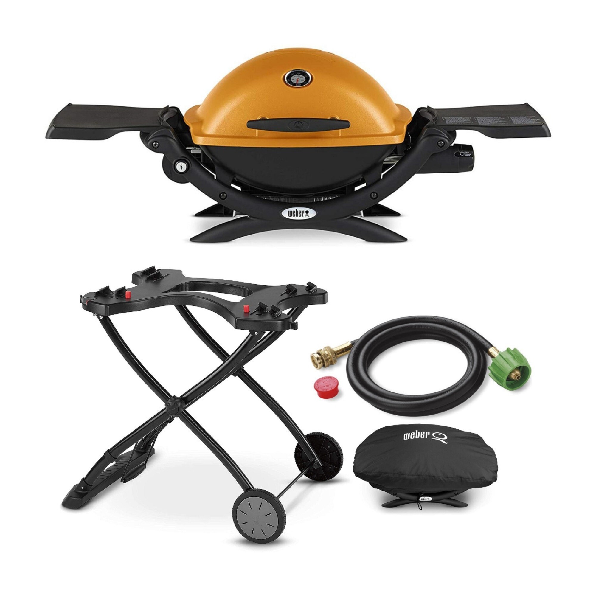 Weber Q1200 Liquid Propane Grill Orange w Portable Cart Hose Bundle Bed Bath Beyond 37828918