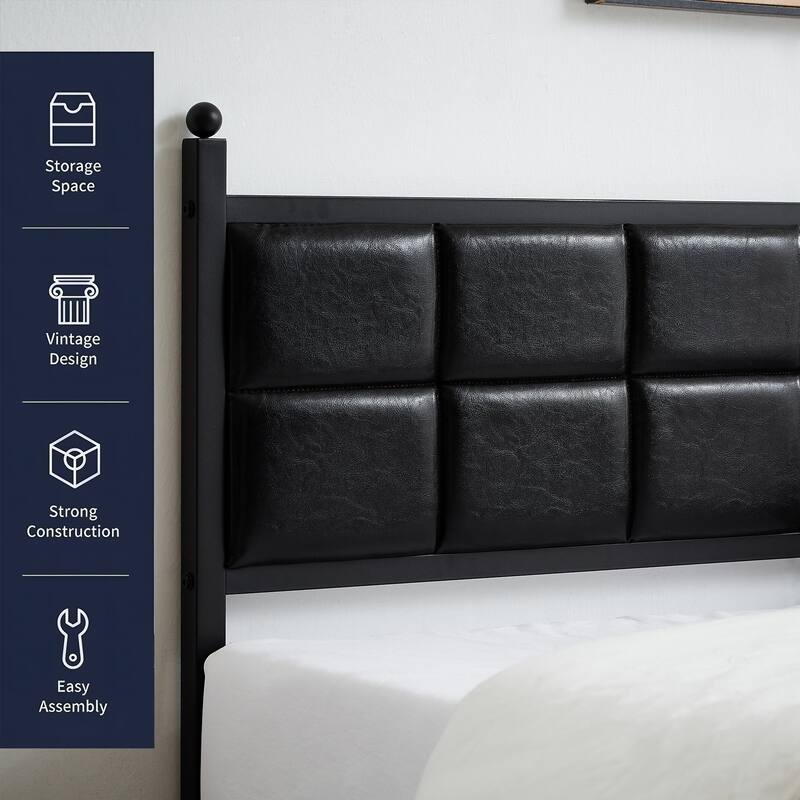 Javlergo Metal Platform Bed Frame Black PU Leather Square Tufted Bed Heavy-Duty Metal Bed Frame No Box Spring Needed