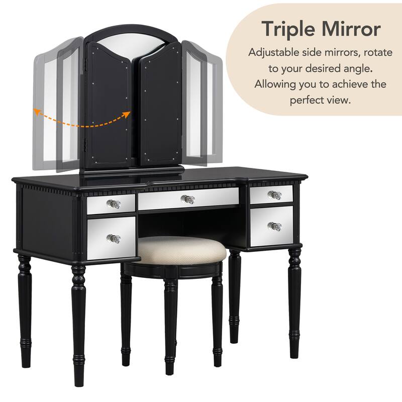 43-Inch Makeup Vanity Set with Adjustable Tri-fold Mirror, Mirrored Drawers, and Soft Cushioned Stool