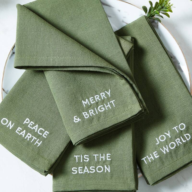Joyful Sentiment Christmas/Holiday Embroidered Napkins, Set of 4 - 17x17