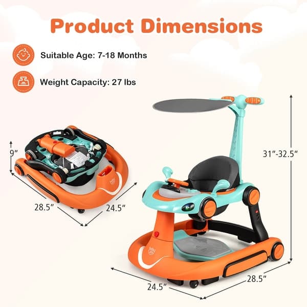 dimension image slide 1 of 2, Babyjoy 6-in-1 Baby Walker with Canopy, Music, Lights, Speed/Height - See Details