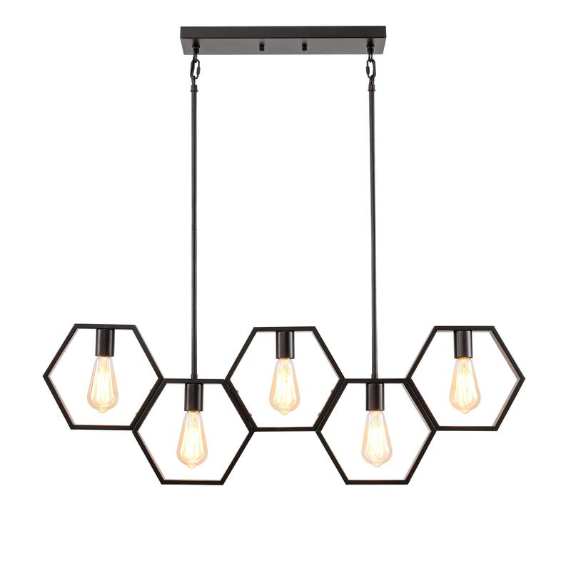 5-Light Mid-Century Modern Matte Black Geometric Pendant Island Lighting - 38.5 in. W x 72 in. H