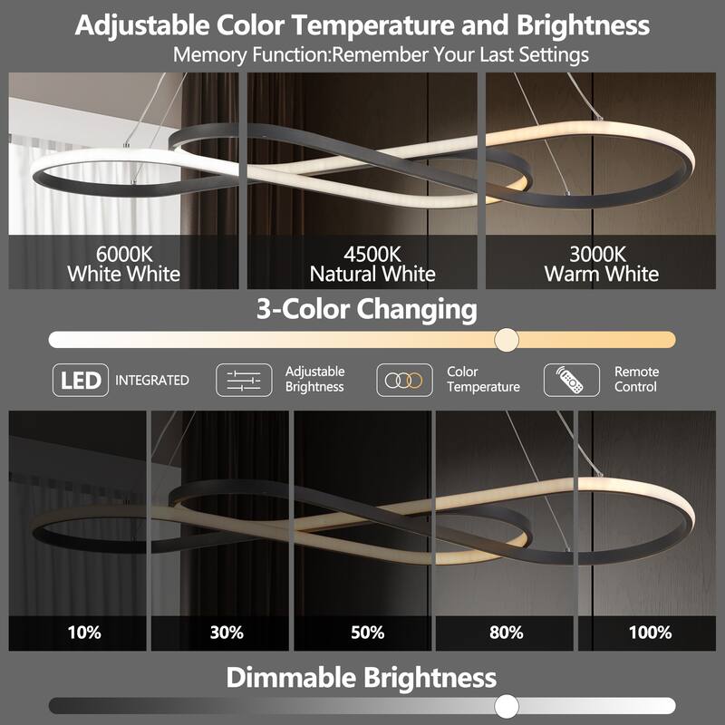 39" Modern LED Pendant Light, Infinity Design Hanging Ceiling Fixture, Adjustable Height, Dimmable - Black
