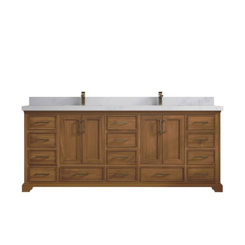 Willow Collections 84 in. W x 22 in. D Charlotte Teak Double Sink Bathroom Solid Teak Vanity with Countertop - 2"Calacatta Nuvo - Dark Natural