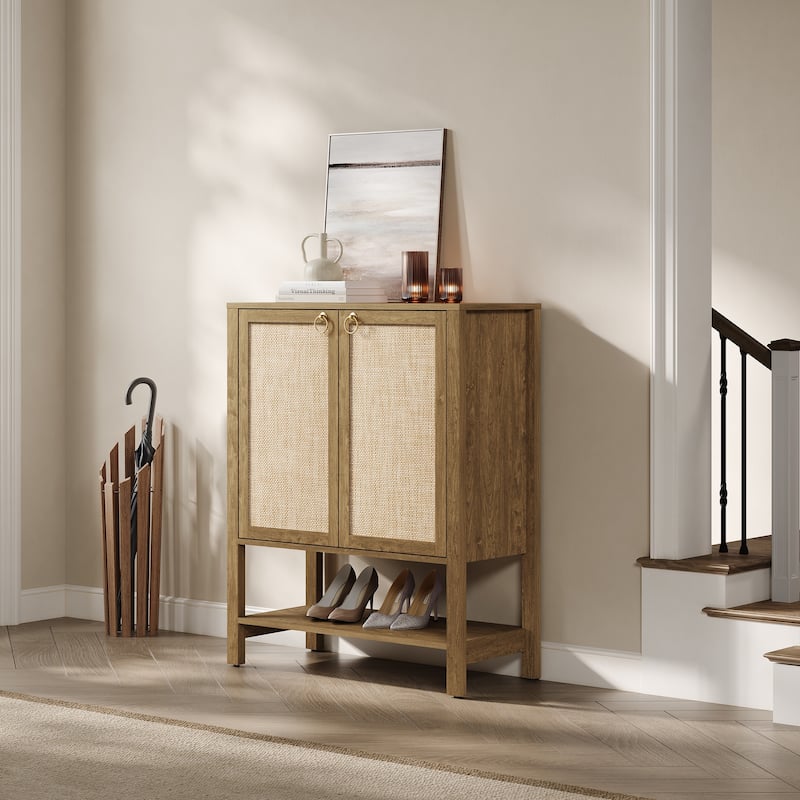 Rattan - Doors Shoes Cabinet with Adjustable Interior
