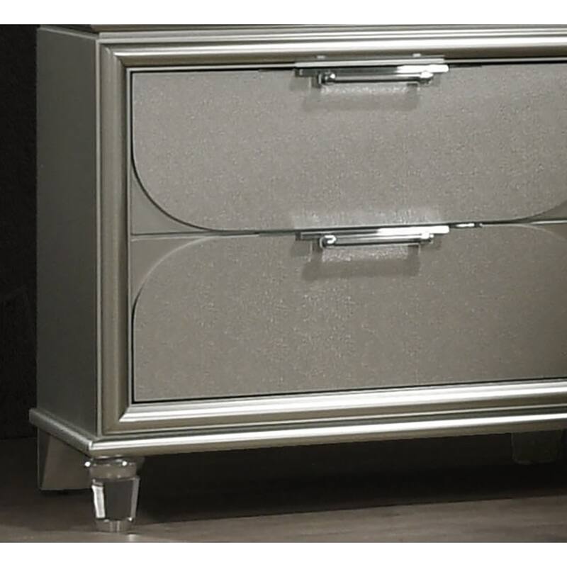 Contemporary Silver 1pc Nightstand Acrylic Handles Embossed Panels English Dovetails 2-Drawers Bedside Table