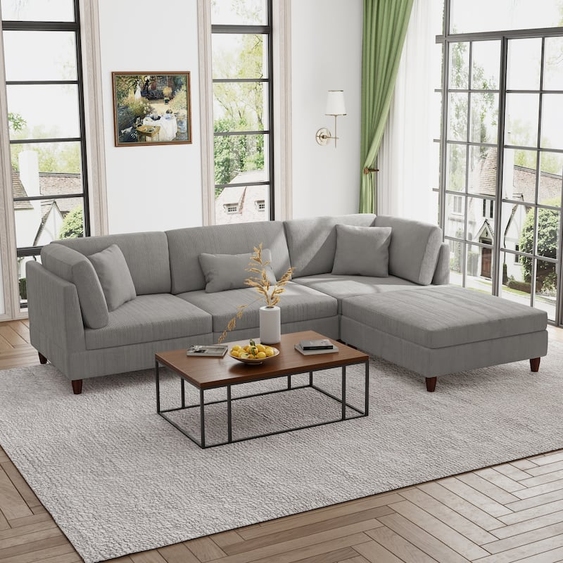 Modern Oversized Modular Corduroy Sectional Sofa Set - Grey 2 Armchair&1 Armless&1 Ottoman