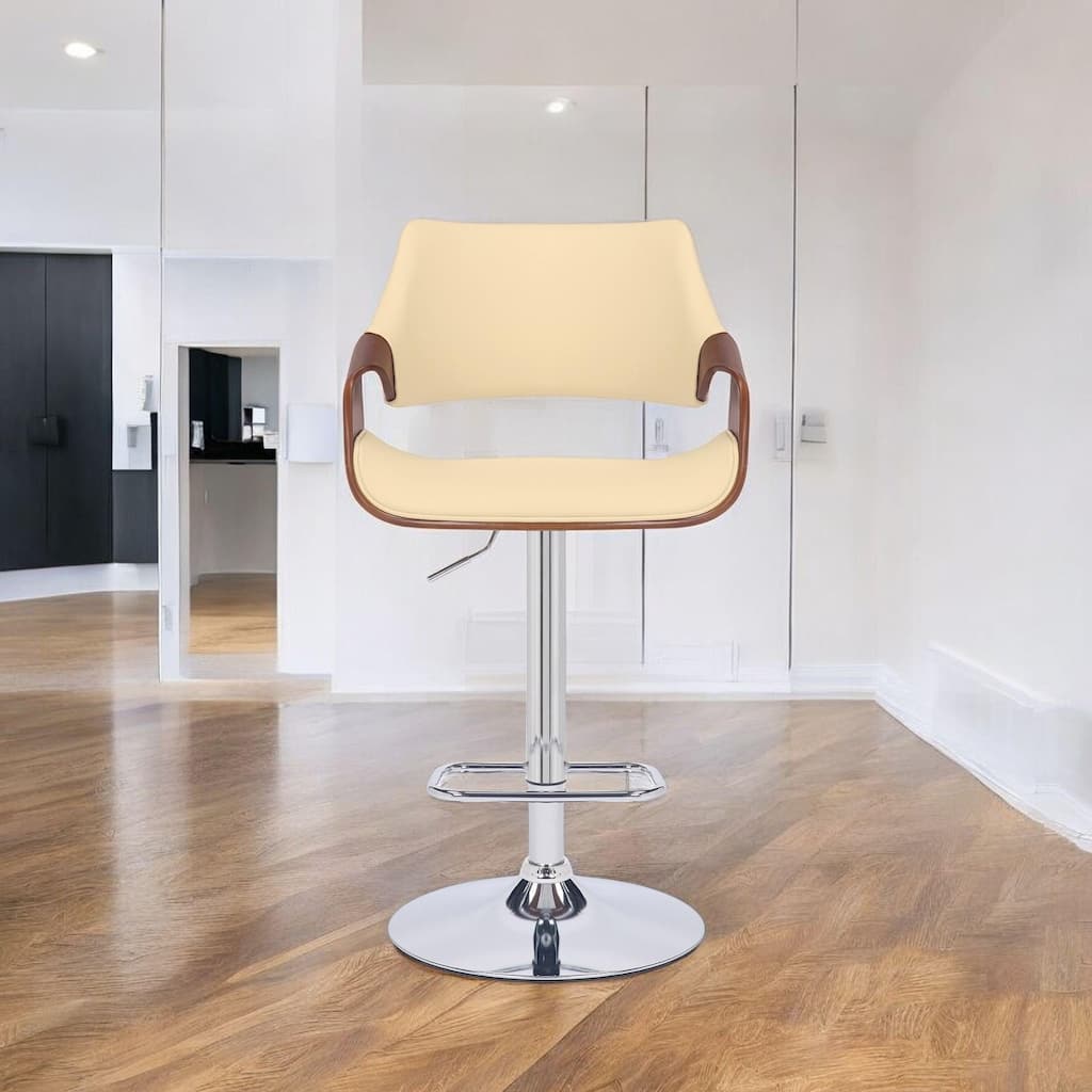 HomeRoots Cream and Silver Faux Leather Iron And Wood Adjustable Height Swivel Bar Chair - 21