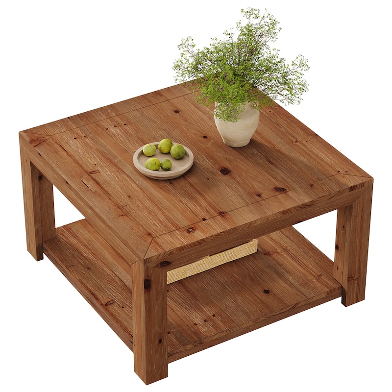 31.5-inch Coffee Table with Storage, Square Solid Wood Center Table