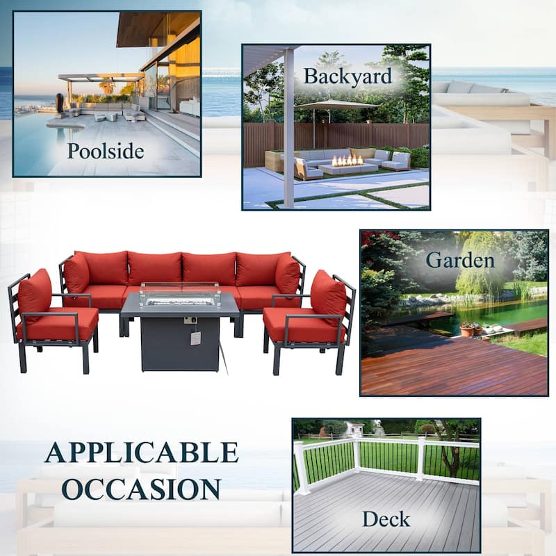Outdoor 7-Piece Patio Sectional Set Aluminum Frame W/ Fire Pit Table