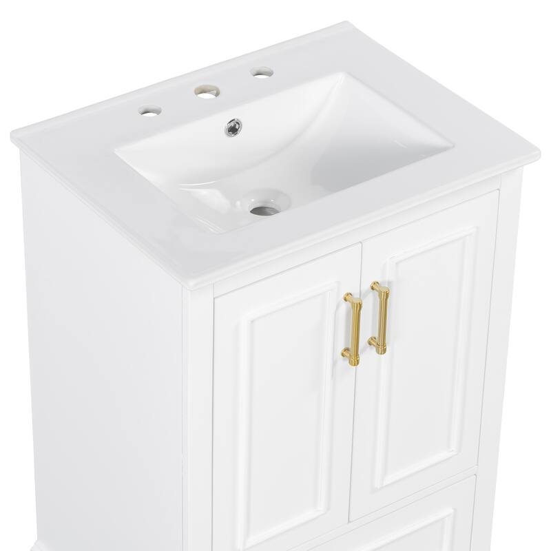 Bathroom Vanity with Ceramic Sink, Freestanding Bathroom Cabinet with Double Shelf, 1 Divided Drawer & 2 Soft Close Doors