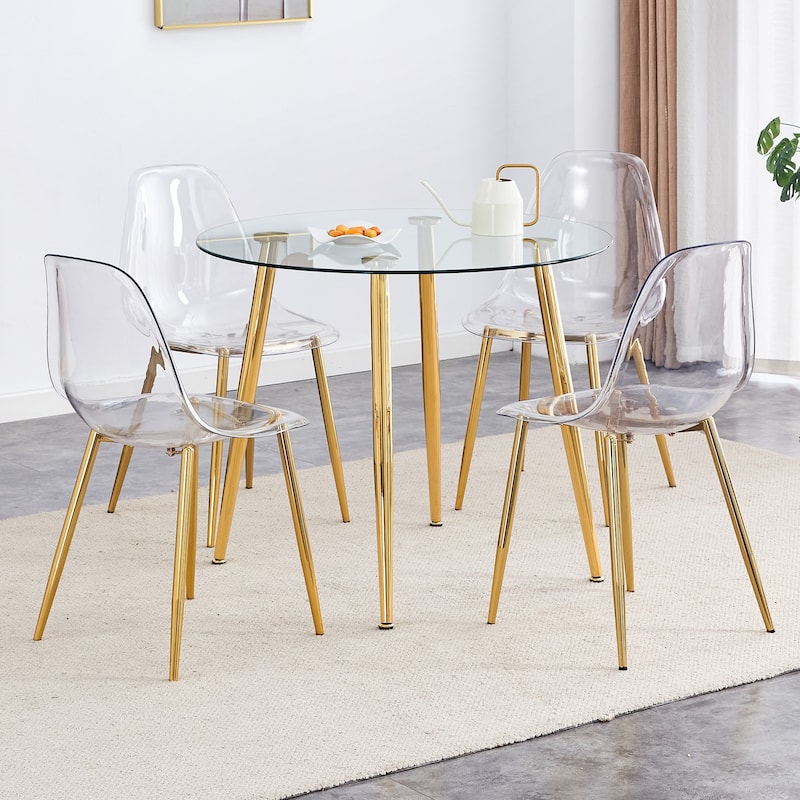 Modern Dining Set with Round Glass Table & Transparent Chairs