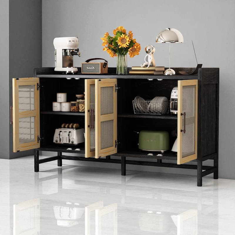 Rustic Sideboard Buffet Cabinet with Rattan Doors, Adjustable Shelves and Storage, 60" Cabinet for Entryway or Kitchen