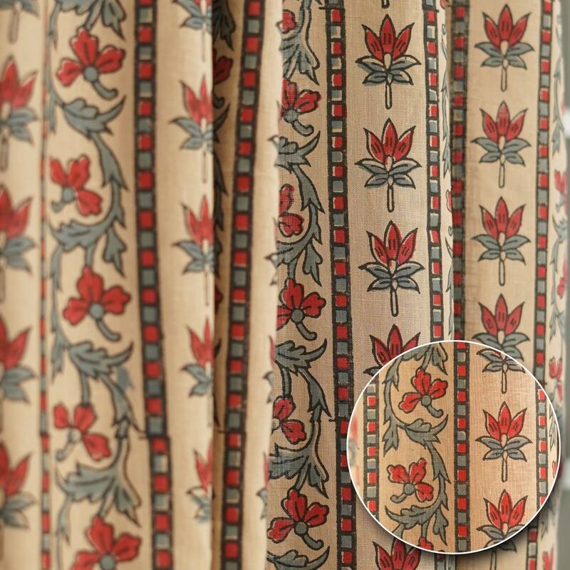 Fabdivine Handmade Block Print Curtain Home Décor, Kitchen Floral Viscose Linen, Soft Hook Drape